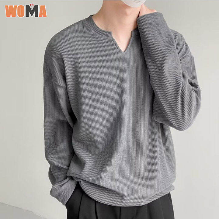 woma-เสื้อยืดแขนยาวคอวีแฟชั่นลำลองทรงหลวมเสื้อลายทางสำหรับผู้ชายแขนยาวฤดูใบไม้ผลิและเสื้อกันหนาว