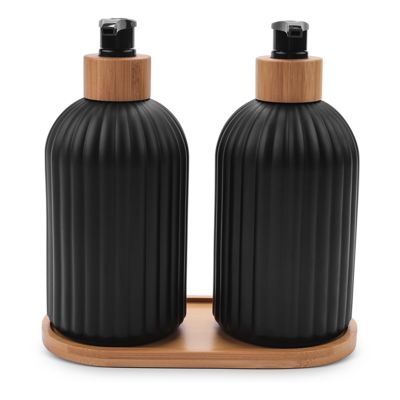 14Oz Glass Soap Dispenser with Wooden Tray, 2 PCS Hand and Dish Soap Dispenser Set, Kitchen Bathroom Farmhouse Decor