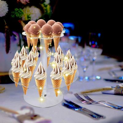 SOLVABLE อะคริลิค ที่วางไอศกรีมโคน 2ชั้น ใสสะอาด วาฟเฟิลแสดงอาหาร อุปกรณ์ตกแต่งตกแต่ง ที่วางซูชิม้วนด้วยมือ ปาร์ตี้งานปาร์ตี้