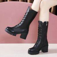 CODpn4524601 Womens Lace-up Mid-calf Boots Ladies Vintage Black High Heel Middle Boots Shoes Kasut