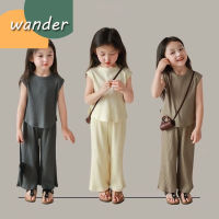 WANDER เสื้อผ้าเด็กผญ เสื้อยืดเด็กผญ ดีไซน์สีทึบสไตล์เกาหลี  เสื้อยืดผ้าฝ้ายหลวมสองชิ้นสำหรับเด็กผู้หญิง 23824