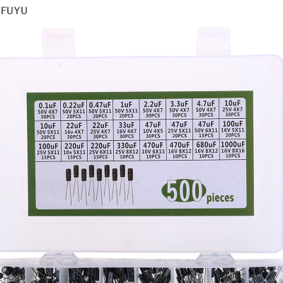 FUYU 500PCS 0.1-1000UF 24ค่าตัวเก็บประจุอลูมิเนียมอิเล็กโทรลีติค16-50V Capacitor Kit