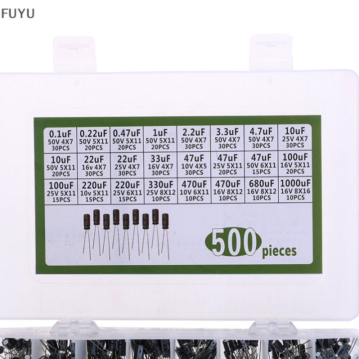 fuyu-500pcs-0-1-1000uf-24ค่าตัวเก็บประจุอลูมิเนียมอิเล็กโทรลีติค16-50v-capacitor-kit