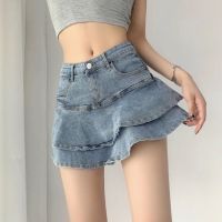 【CC】○✁✆  HOUZHOU Ruffle Skirt Denim Waist Patchwork A-line Short Jeans Gyaru Streetwear