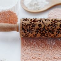 Jasmine Pattern Rolling Pin Wooden Roller Baking Embossed Cookies Stamp Biscuit Fondant Cake Decorating Tool Kitchen Accessories Bread  Cake Cookie Ac