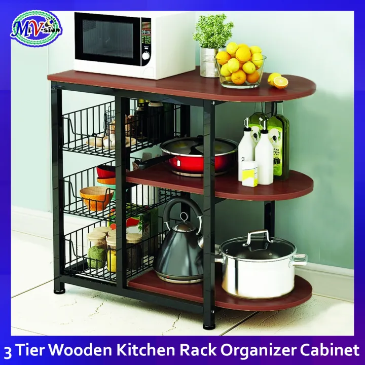 3 Tier Wooden Kitchen Rack Organizer CJ01(Sandal Wood (Black/Reddish Brown)) Lazada PH