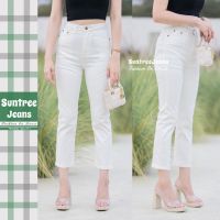 SuntreeJeans มีบิ๊กไซส์ S-5XL ยีนส์กระบอกเล็ก ผ้ายืดเอวสูง ผญ เก็บทรงสวย สีขาว