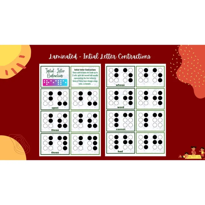 Laminated Flashcards Initial Letter Contractions Braille (33 pieces
