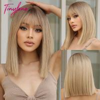 【jw】✇♣ Short Straight Bob Gray Ash Blonde Synthetic Wigs with Bangs Blunt Cut Hair Wig for Resistant