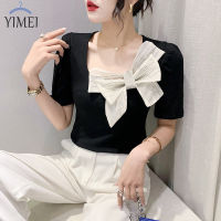 YIMEI เสื้อยืดผู้หญิงสีดำ,เสื้อยืด2023แขนสั้นคอสี่เหลี่ยมเสื้อเสื้อยืดผ้าฝ้ายสีดำบางเฉียบ