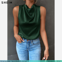 USED Shein - Green Drape Cowl Neck Satin Top | เสื้อแขนกุดสีเขียว เสื้อคอถ่วง ผ้าเงา ซาติน ทำงาน สีพื้น สายฝอ แท้ มือสอง