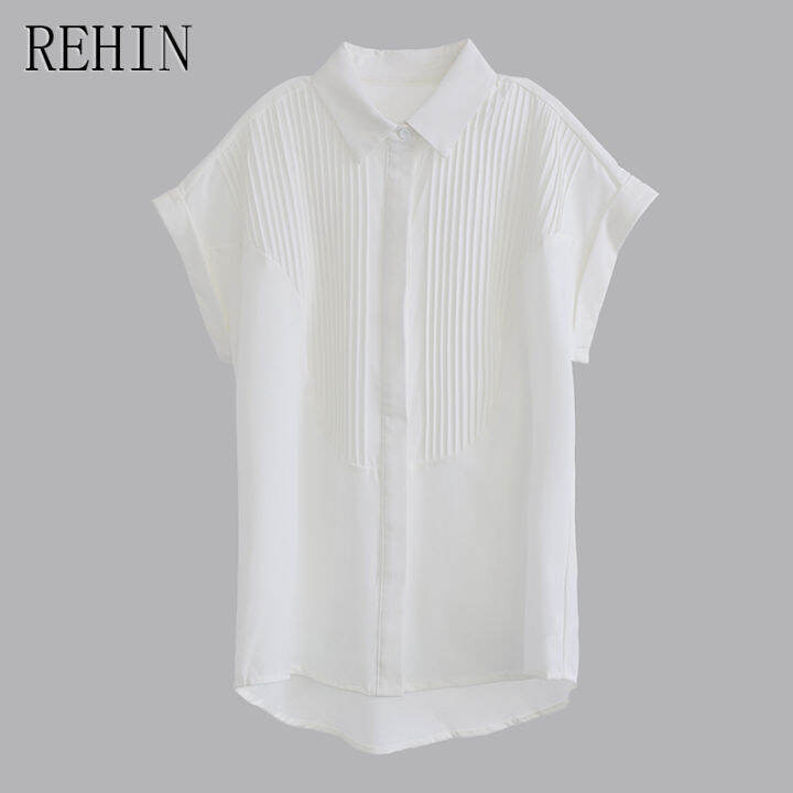 rehin-สีขาวเสื้อเชิ้ตเสื้อผู้หญิง-สไตล์ฤดูร้อนสดใสเรียบง่ายสวมใส่ได้หลายโอกาสการออกแบบที่ไม่เหมือนใครเสื้อหรูหราแขนสั้น