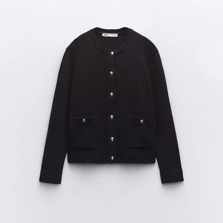 zara-za-european-and-american-autumn-new-loose-round-neck-single-breasted-pocket-black-and-white-striped-sweater-sweater-top-3991124