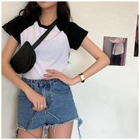 Triple A Crop top Women Short-sleeved T-shirt Contrasting Korean style high waist all-match student shirt