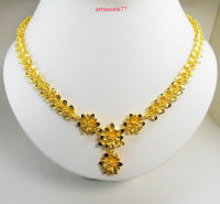 Thai Jewelry 24K Yellow Gold Plated Flower 2 Pendant Chain Necklace