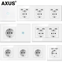 AXUS Touch Light Switch With EU USB Wall Sockets White Glass Sensor Switches LED Dark Blue Backlight Panel 1/2/3Gang Wall Switch