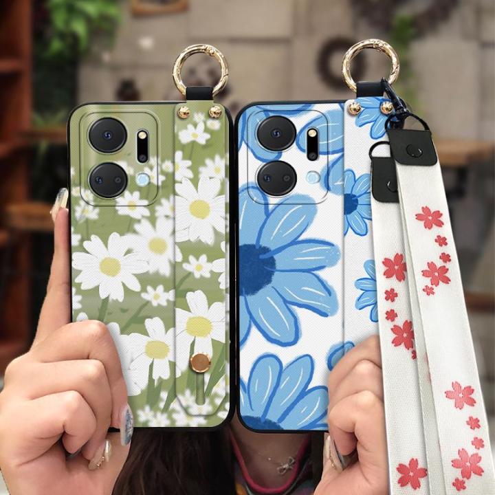 soft-case-cute-phone-case-for-honor-x7a-cartoon-painting-flowers-back-cover-durable-waterproof-wristband-fashion-design