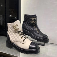 Lingge Short Boots Versatile Lace Up C Buckle Mid Barrel Leather Boots Chain Motorcycle Boots Martin Boots