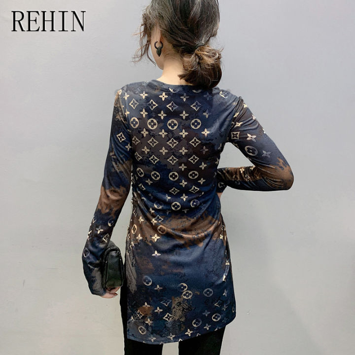 rehin-เสื้อยืดแขนคอกลมยาวพิมพ์ลายที่ไม่ซ้ำกันเสื้อบางเสื้อสตรีผ้าฝ้ายผู้หญิงที่สง่างาม