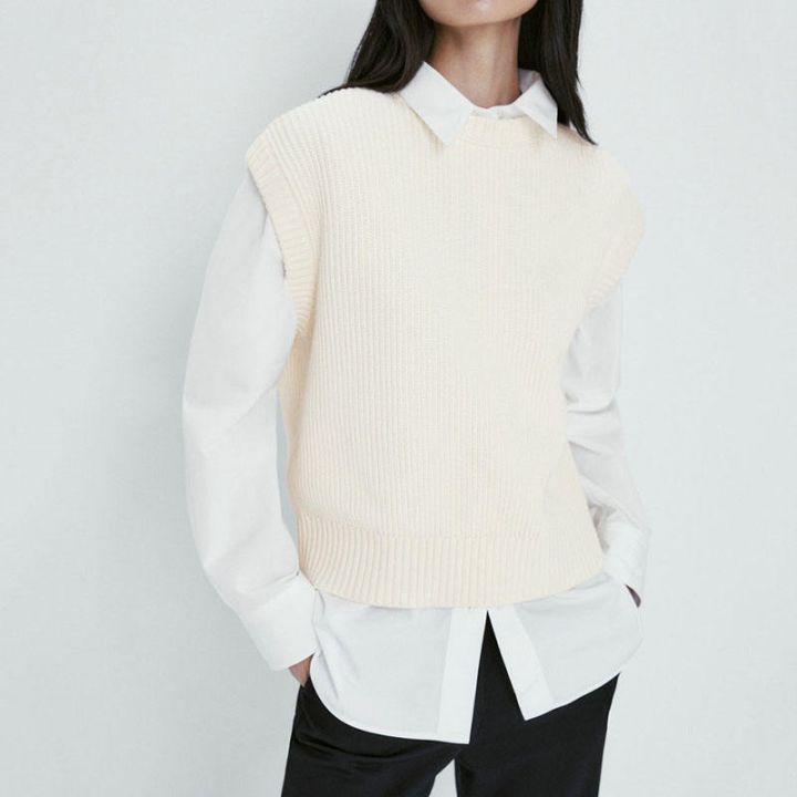 massimo-dutti-เสื้อสเวตเตอร์ผ้าฝ้ายสีขาว-เสื้อสเวตเตอร์คอกลมคอกลม2023ใหม่สำหรับผู้หญิงสำหรับฤดูใบไม้ผลิ-ฤดูร้อน