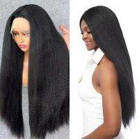 【LZ】✤  Chemical Fiber Lace Front Black Kinky Straight Wig Heat Resistant Black Wig With Middle Parting