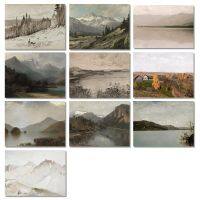 ♧▣❣ ภูมิทัศน์ป่าภูเขา Neutral Wall Art พิมพ์โบราณ Lake ภาพวาดผ้าใบโปสเตอร์ Muted Scenery พิมพ์ Vintage Country Decor