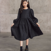 Black Girls Midi Dress Teen Kids Autumn Spring Dress New Baby Children Clothing Lantern Sleeve 6 To 16 Y Jacquard Fabric,#6483