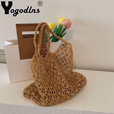 ◄☃▦ Yogodlns Summer Popular Beach Tote Mesh Rope Women Weaving Hollow Straw Shoulder Bag