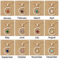 Birth Month Moon Stars Pendant Necklace For Women Shiny Rhinestone Birthstone Clavicle Chain Wish Card Birthday Jewelry Gifts