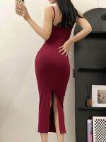 High-end 2023 Spring/Summer European and American solid color slim-fit hip wrap suspender skirt feminine sexy inner body tight back slit dress long skirt