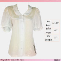 USED - Sheer White Swiss Dot Top | เสื้อแขนสั้นสีขาว เสื้อซีทรู ลายจุด ลายนูน คอปก คอบัว แขนพอง ทรงใหญ่ ทำงาน มือสอง