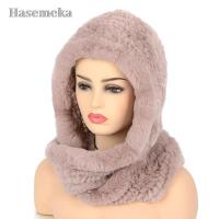 Women Knitted Real Rex Rabbit Fur Hat Hooded Scarf Winter Hats For Woman Cap Warm Natural Fur Hat With Neck Scarves