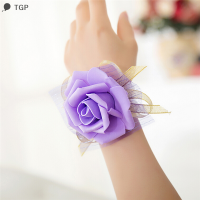 ? TGP ใหม่เจ้าสาวข้อมือ Corsage งานแต่งงานงานแต่งงานกุหลาบสร้อยข้อมือผ้าไหมดอกไม้ริบบิ้น