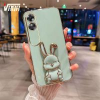 VRQR เคสโทรศัพท์มือถือชุบไฟฟ้าสุดหรูสำหรับ A17K A17 OPPO A98 F23 5G พร้อมฉากกระต่ายยิ้มบางพิเศษป้องกันการตก