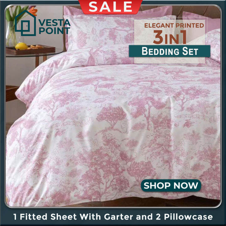 Vesta Point 3 in 1 Pink Floral Print Design Garterized Bedsheet and