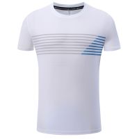 Sport Brand Shirts Breathable Elastic Tee Fitness Quick Dry Short Sleeves Thin Print Striped Men Workout Fashion Bodybuilding T