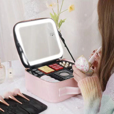 2022 Women Case Mirror Cosmetic Leather Waterproof PU Bag Capacity With Smart LED New