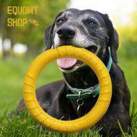 EQUOMT ของเล่นกัดสีเหลืองแบบยืดหยุ่นลอยน้ำได้พร้อมเชือกปลอกคอสุนัขของเล่นสัตว์เลี้ยงแผ่นดิสก์บินแหวนฝึกซ้อมสุนัขลูกบอลขบเคี้ยว