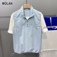 MOLAN แขนสั้นซิปครึ่งแผงคอตั้งด้านบนเสื้อกีฬาแขนสั้นตัดกันเสื้อยืดผู้ชาย