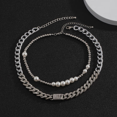 SHIXIN Hiphop Iced Out Rhinestone Chain Choker Necklace Colar for WomenMen Layered PearlCrystal Necklace Cuban Link Chain Neck