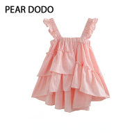 PEAR DODO เสื้อเสื้อเชิ้ตลายตุ๊กตาสไตล์เกาหลีสำหรับผู้หญิงคอสี่เหลี่ยมแขนลอย