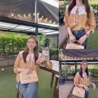 น้ำตาล/ส้ม SLYQ HARVEST BOW COLLAR OVERSIZED BLOUSE เสื้อเบลาส์แขนยาวแต่งปกผูกโบว์