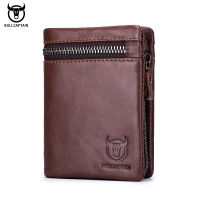 BULLCAPTAIN Short Tri-Fold Buckle Zipper Wallet Mens Cow Leather Wallet Coin Purse Money Bag Business Card Holder RFID Holder