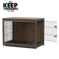 BingoPaw กรงสุนัข  แบบกรงสุนัขใหญ่ 97.5x59x75.7cm หน้าท็อปไม้ + เหล็กเคลือบผิว Heavy Duty Wooden Dog Crate Furniture Side Table Style Sturdy Iron Metal Crate Frame Double Doors with Tray