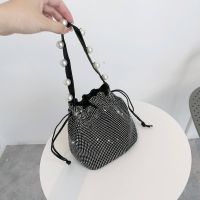 Summer small bag diagonal bucket womens bag inlaid with diamonds portable pearl bag rhinestones full of diamonds mobile phone bag fashionable evening bag 【JYUE】