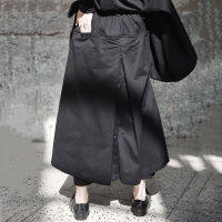 [EAM] 2021 New Spring High Elastic Waist Black Loose Vent Loose Long Wide Leg Pants Trousers Women Fashion Tide JI084