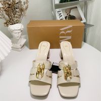 ZA summer new Ssh light beige sqre toe one word belt a thick heel high heel open toe sls for women