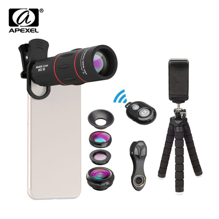 apexel-apl-t18xbzj5-telephoto-4-in-1-cellphone-lens-universal-kit-18x-mobile-phone-telephoto-lens-198-fisheye-lens-0-63x-wide-angle-15x-macro-lens-with-remote-shutter-mini-tripod-phone-holder-for-ipho