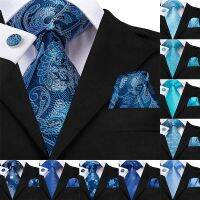 Hi-Tie Fashion Designer Blue Ties for Men Luxury Paisley Tie Striped Solid Busness Party Wedding Classic Mens Ties Cufflinks Set