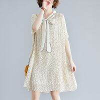 【Ladies shop】3372ชีฟองผู้หญิงคลาย Eck A-LineLadiesDot PrintFemme เข่าความยาวแขนสั้นฤดูLadies shop